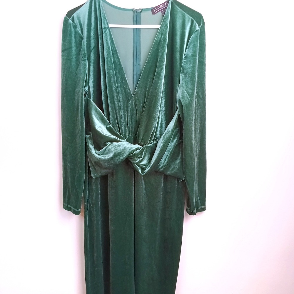 Eloquii Velvet Twist Front Dress Womens 16 Green Good V-Neck Long Sleeve Midi
